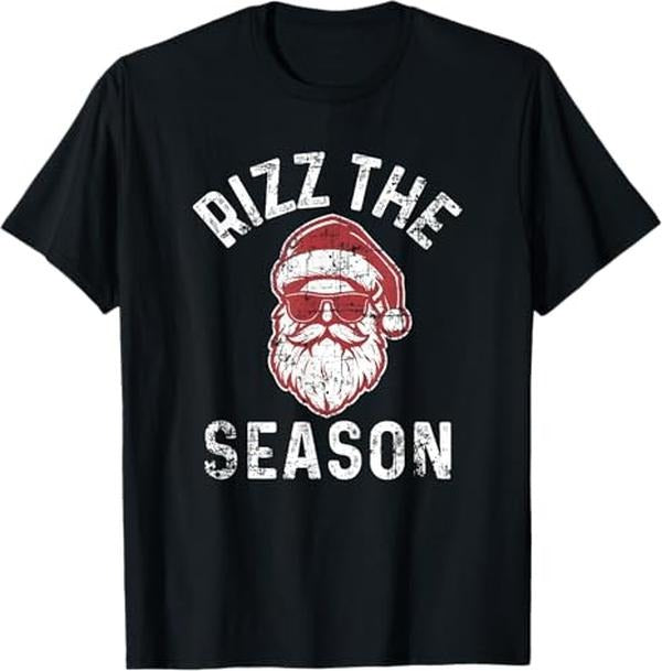 Funny Christmas Shirts, Rizz The Season Funny Christmas Rizzmas Santa Claus Rizzler T-Shirt - Menswear Top