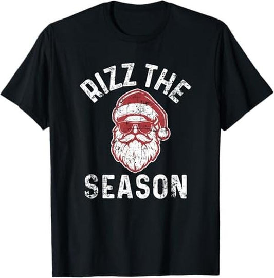Funny Christmas Shirts, Rizz The Season Funny Christmas Rizzmas Santa Claus Rizzler T-Shirt - Menswear Top