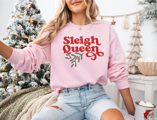 Funny Christmas Sweatshirt, Xmas Sweater, Vintage Holiday Crewneck, Sleigh Queen, Pink Christmas, Unisex Trendy