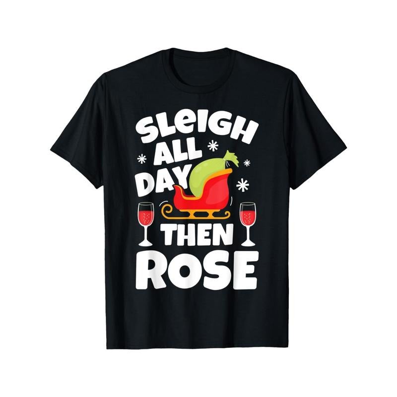Funny Christmas T-Shirt for Women, Cotton Blend Crew Neck Tee, Regular Fit, Short Sleeve, with Sleigh and Rose Graphic, 95% Cotton, 5% Spandex for Daily & Casual Wear Made in USA