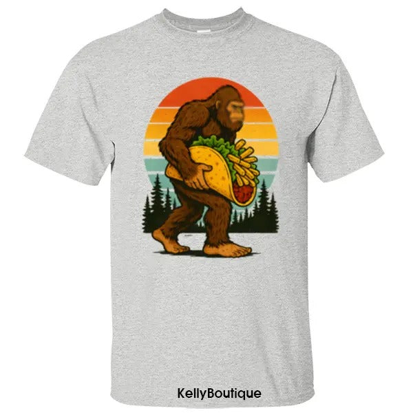 Funny Cinco de Mayo Bigfoot Sasquatch Carrying Taco Shirt, National Park On Taco Tuesday Camping Hiking Lovers Unisex Cotton T-shirt for Men for Women