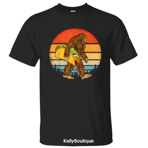 Funny Cinco de Mayo Sasquatch Bigfoot Carrying Taco Shirt, National Park On Taco Tuesday Camping Hiking Lovers Unisex Cotton T-shirt for Men for Women