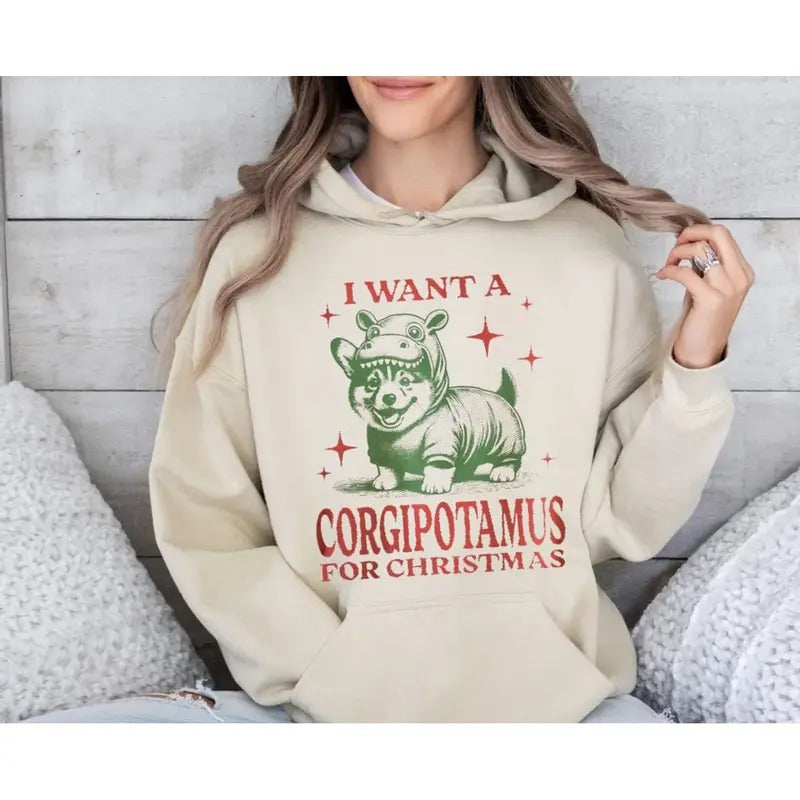 Funny Corgi Christmas Shirt, Corgi Lover Gift, Hippo Corgi Tshirt, Holiday Dog Mom Tee, Retro Graphic Pet Owner Xmas Cute Top, Unisex Sweater Pullover Tee