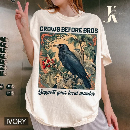 Funny Crows Before Bros T-Shirt, Goblincore Witchy Shirts, Vintage Raven Shirt, Dark Academia Shirts,Women Halloween Crewneck