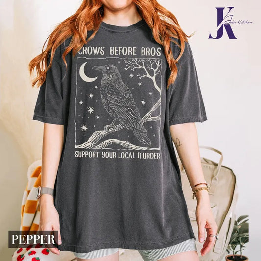 Funny Crows Before Bros Vintage Crow T-Shirt, Vintage Raven Shirt, Goblincore Witchy Shirt, Women Halloween Crewneck Dark Academia Clothing