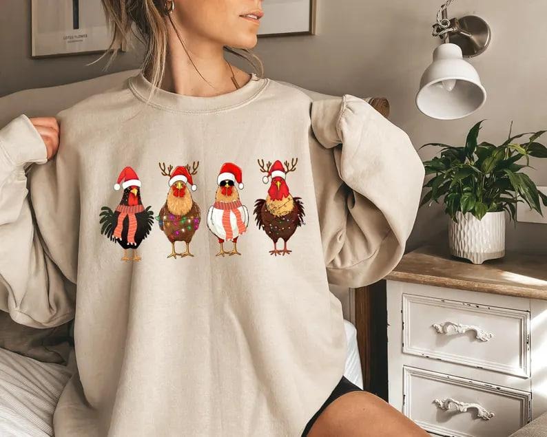 Funny Cute Christmas Chickens Sweatshirt, Christmas Farm Sweater, Cute Christmas Chicken Tee, Cute Women Christmas Gift