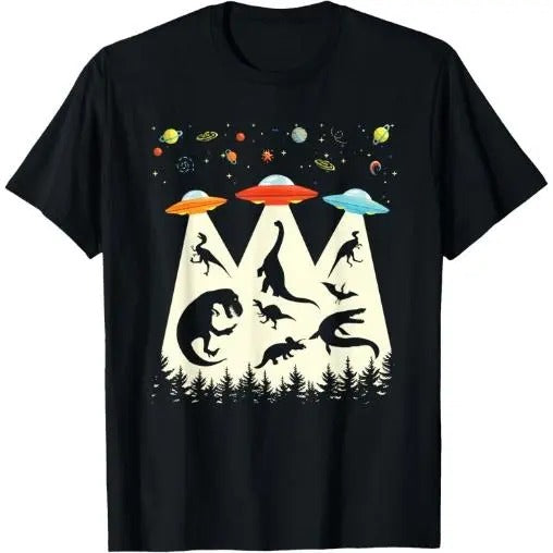 Funny Dinosaur UFO Lover Retro Vintage Alien Abduction T-Shirt Made in USA