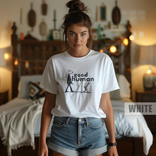Funny Dog Lover Shirt, Retro Good Human Walking Leash Graphic Tee, Futuristic T-Shirt, Gift for Doggy Mom, Weirdcore Clothing That Goes Hard