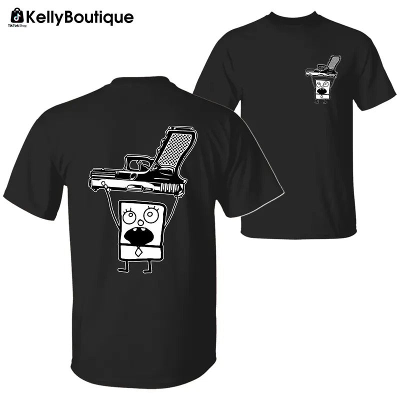 Funny Doodlebob Holding a Glock 2 Sided Graphic Printed Unisex Classic Cotton T-shirt Sweatshirt Hoodie