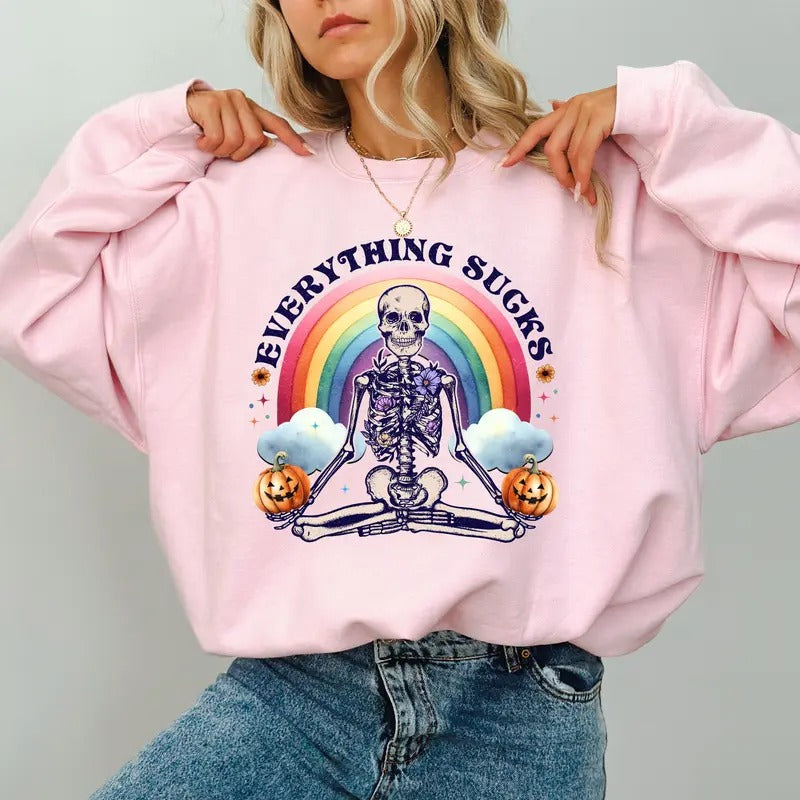 Funny Everything Sucks Sweatshirt, Halloween Skeleton Crewneck, Gothic Skeleton Sweater, Spooky Skeleton Sweatshirt, Vintage Aesthetic Rainbow Crewneck, Fall Autumn Sweatshirt, Comfy Fabric Long Sleeve Pullover, Casual Women's Tops, Oversized Womenswear