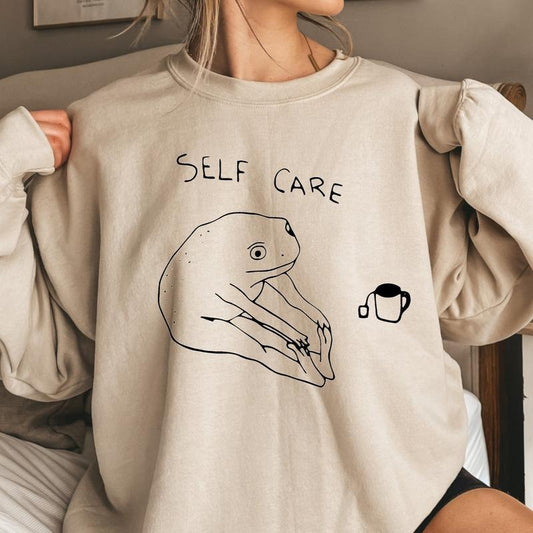 Funny Frog Self Care Sweatshirt Funny Frog Self Care Retro Hoodie, Birthday Gift For Her, Cottagecore Frog Sweatshirt, Positive Vibe Sweater, Perfect gift, Clothing Gift, gift for her, gift for women, birthday gift