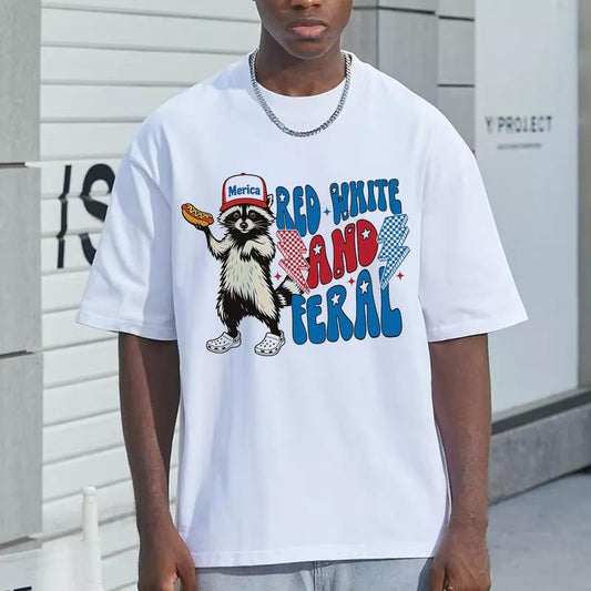 Funny Graphic Racoon Red White And Feral Tshirt, USA 4th Of July Party Tee, Hotdog Raccoon Merica Independence Day Gifts Unisex T-Shirt