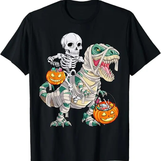 Funny Halloween Shirts For Men, Skeleton Riding Mummy Dinosaur T Rex Halloween Funny Pumpkin T-Shirt Menswear - Available from size S to 5XL