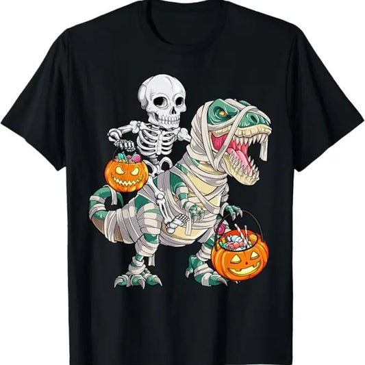 Funny Halloween Shirts For Men, Skeleton Riding Mummy Dinosaur T Rex Halloween Funny Pumpkin T-Shirt Menswear - Available from size S to 5XL
