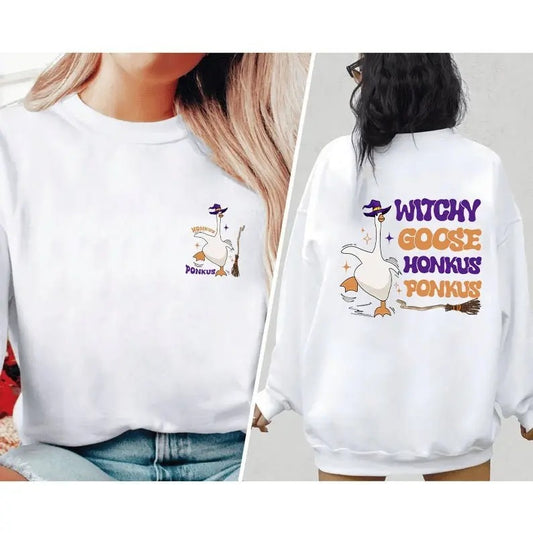Funny Halloween Witchy Goose Shirt, Honkus Ponkus Sweatshirt, Silly Goose T-Shirt, Silly Goose Halloween Hoodie Crewneck Fabric Womenswear Fit Fitted