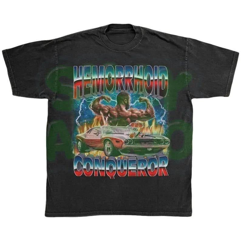 Funny Hemorrhoid Shirt, Hemorrhoid Conqueror Tee, Bodybuilder Muscle Car, Gag Gift for Him, Retro Graphic Tee, Distressed Offensive TShirt Cotton