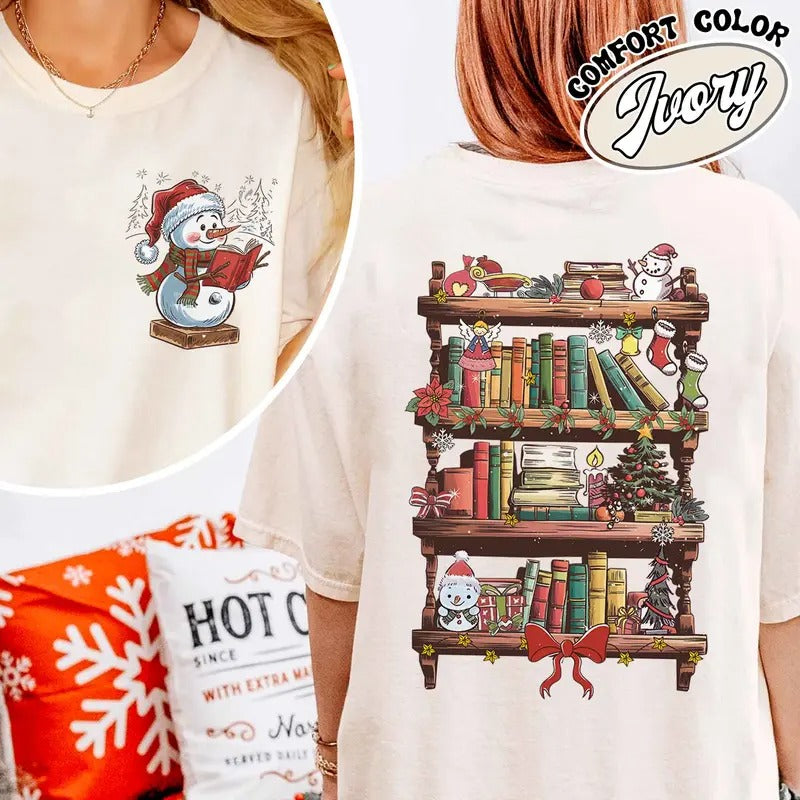 Funny Librarian Comfort Color Shirt, Book Lover Librarian Gift, Bookworm Christmas Shirt, Library Shirts for Christmas, Snowman Read Book hirt