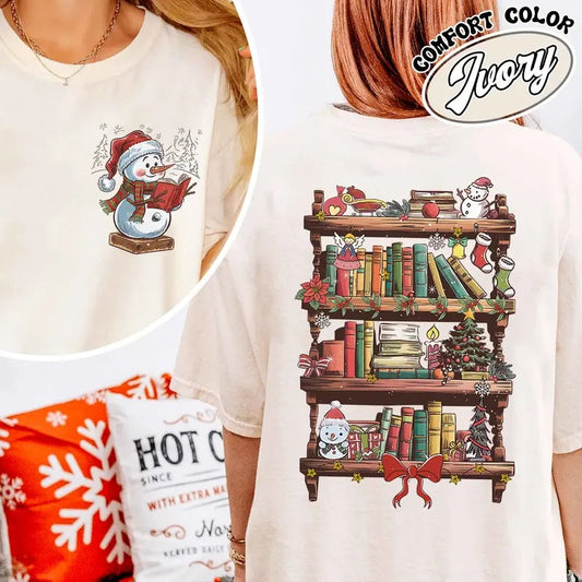 Funny Librarian Comfort Color Shirt, Book Lover Librarian Gift, Bookworm Christmas Shirt, Library Shirts for Christmas, Snowman Read Book hirt