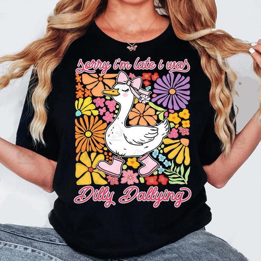 Funny Mama Goose Shirt, Sorry I'm Late I Was Dilly Dallying Goose Shirt, Sarcastic Retro Shirt, Boho Floral Shirt, Preppy Girly Shirt