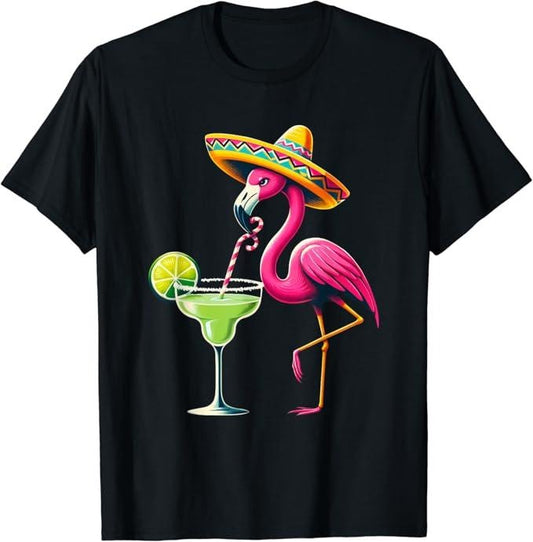 Funny Mexican Shirts, Flamingo Drinking Margarita Mexican Poncho T-Shirt Menswear Top Casual Classic