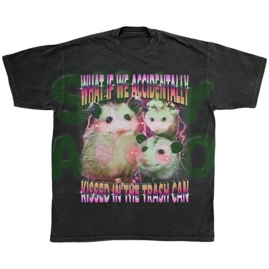 Funny Possum Unisex T-shirt, Sarcastic Meme Tee, Accidental Kiss in Trash Can, Vaporwave Graphic Shirt, Vintage Opossum Tee for Meme Lovers