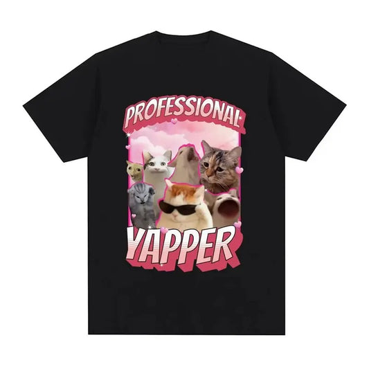 Funny Professional Yapper Meme Cat Pattern Vintage Graphic Tee Womens Fashion Retro Short sleeved Tshirt Casual Comfortable T-shirt, Funny T-shirt