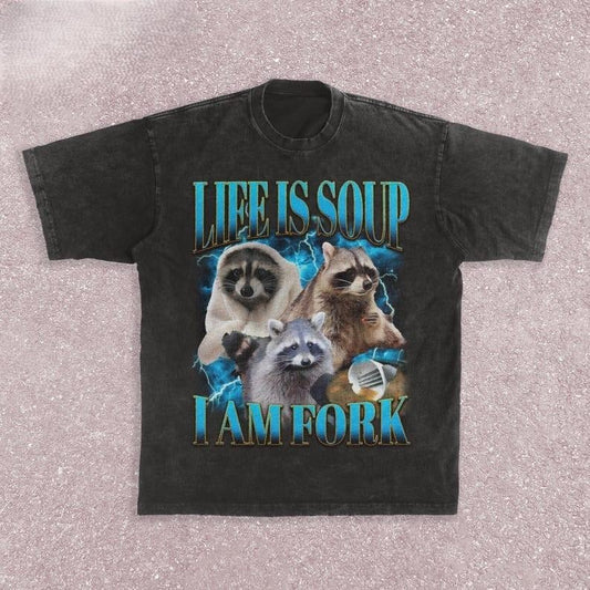 Funny Raccoon Tshirt - Life Is Soup I Am Fork - Absurd Meme Shirt - Raccoon Vintage Graphic Tee - Trendy Bootleg Shirt - Animal Lover Gift Top Casual