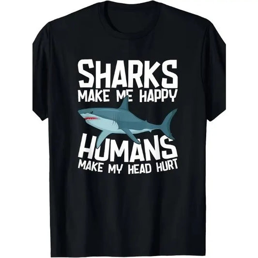 Funny Sharks Make Me Happy Marine Biology Shark T-Shirt Made in USA