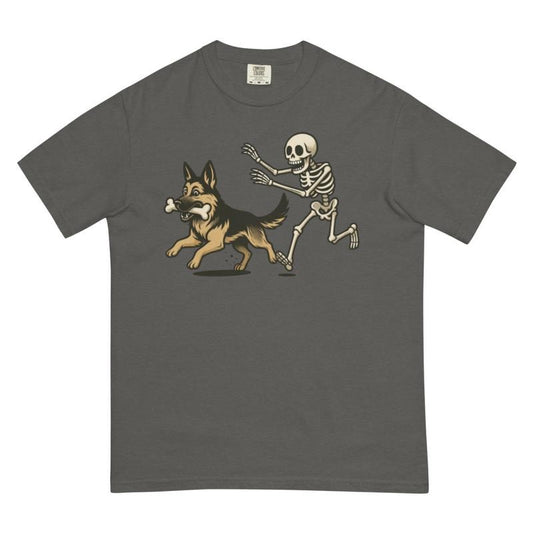 Funny Skeleton Chasing German Shepherd Dog Halloween T-Shirt Spooky Graphic Tee Comfort Colors Style Unisex Relaxed Fit 100% Ring-Spun Cotton Honduras Made Casual Cartoon Short Sleeve Crew Neck Summer Occasion