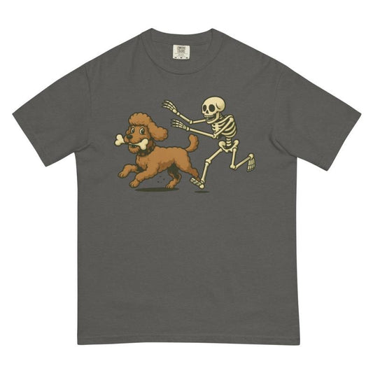 Funny Skeleton Chasing Poodle Dog Halloween T-Shirt | Spooky Graphic Tee Comfort Colors Style