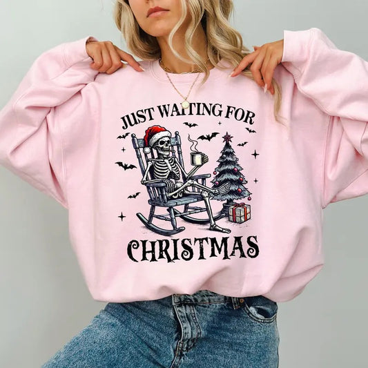 Funny Skeleton Christmas Sweatshirt, Just Waiting For Christmas Skeleton Crewneck, Spooky Skeleton Sweater, Funny Xmas...