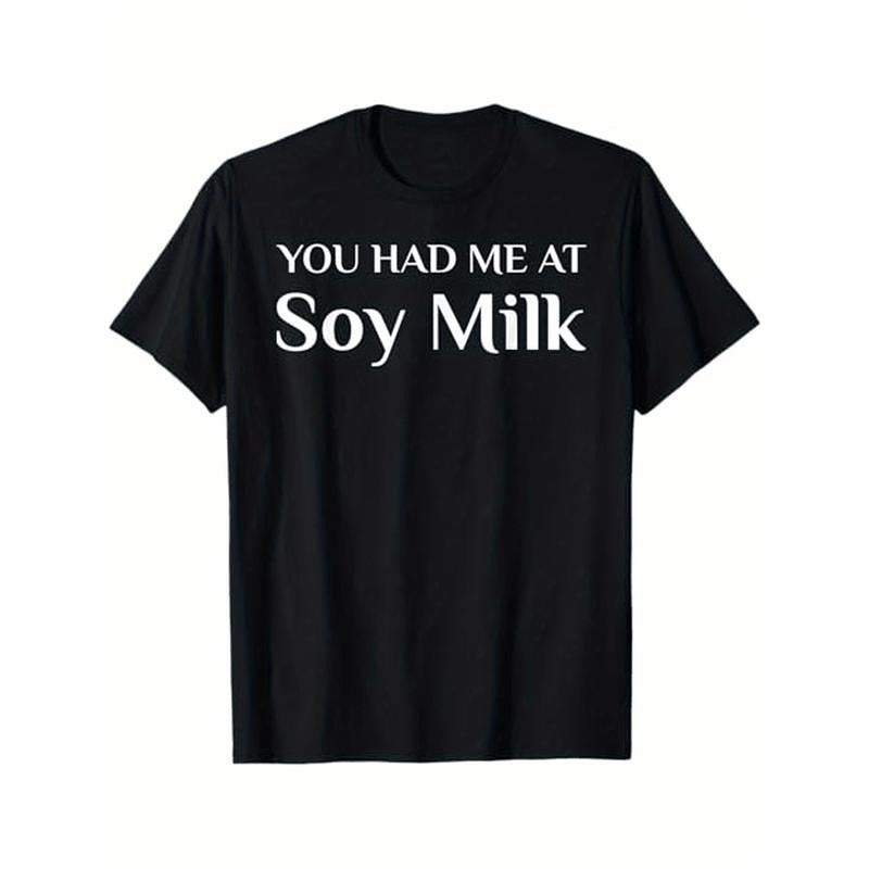 Funny Soy Milk Enthusiast T-Shirt, Cotton, Casual Crew Neck, Regular Fit, Short Sleeve, Slight Stretch, Knit Fabric, with Printed Humor, for Adults, All-Season, Weekend Casual, Thanksgiving Christmas New Year Gift Made in USA
