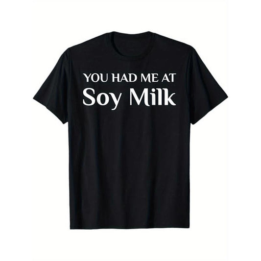 Funny Soy Milk Enthusiast T-Shirt, Cotton, Casual Crew Neck, Regular Fit, Short Sleeve, Slight Stretch, Knit Fabric, with Printed Humor, for Adults, All-Season, Weekend Casual, Thanksgiving Christmas New Year Gift Made in USA