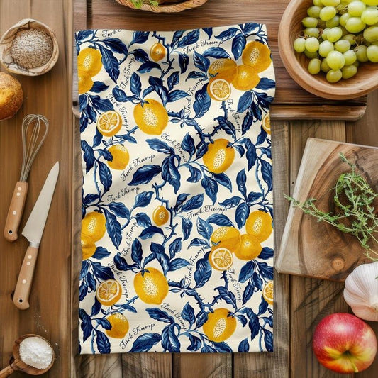 Funny Subtle F Trump Vintage Mediterranean Damask Lemons Tea Towels, Anti Trump Mother's Day, Kitchen Decor, Housewarming Gift