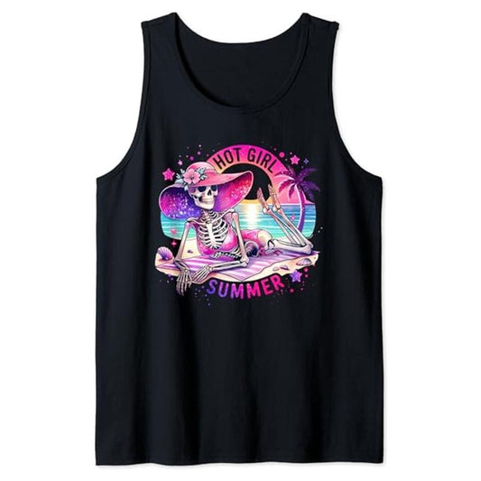 Funny Vacation Tank Top, Funny Skeleton Hot Girl Summer Vacation Hawaii Beach Groovy Tank Top Unisex Casual Cotton