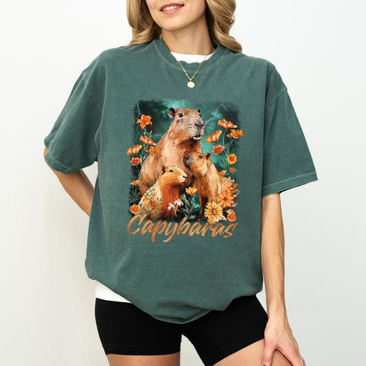 Funny Vintage Capybara Shirt, Floral Capybara Graphic Tee Women, Cute Animals Shirt Gifts, Capybara Social Club T-shirts, Comfort Shirt Casual Style, Cotton Fabric Outfit, Gift for Capybara Lover, Womenswear Top Cotton Fabric Tee
