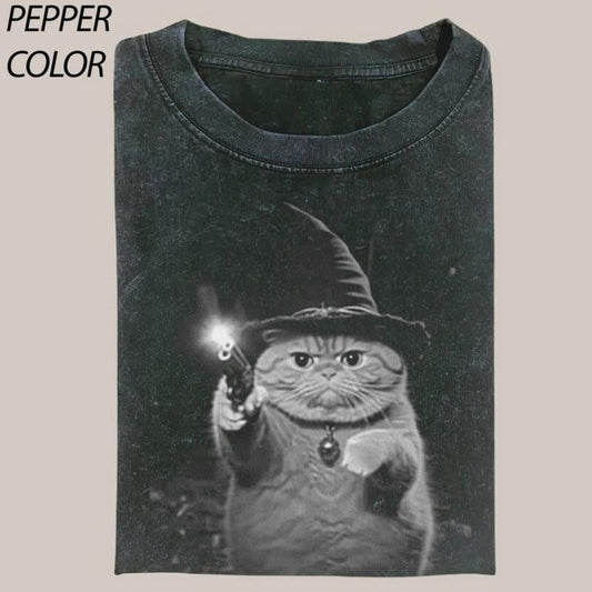 Funny Wizard Cat Shooter Vintage Graphic T-shirt, Cute Witch Cat Tee, Cat Lover Unisex T-Shirt, 90's Style Streetwear Graphic Gift For Men Women