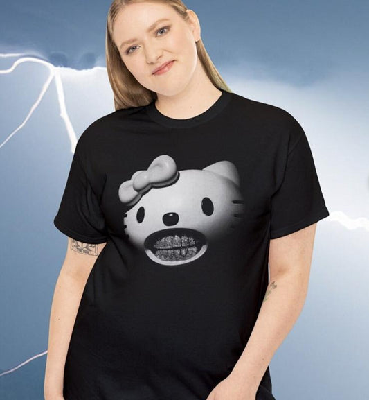 Funny kitty Unisex Tshirt wearing Grillz, Cotton T-shirt Unisex, Gift for him, Gift for her, Short Sleeve TShirt, emo scene grunge y2k amity affliction tapout domo kun Top Womenswear Underwear Lady Streetwear Summer