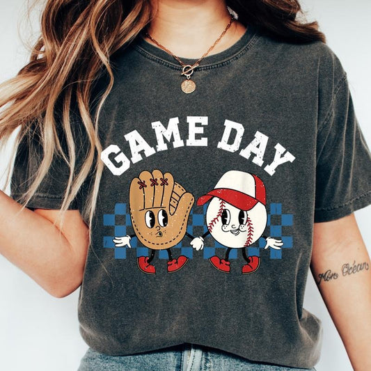 GAME DAY GLOVE & BALL BASEBALL SHIRT, BASEBALL SHIRT, COMFORT COLORS CASUAL COTTON T-SHIRT FOR MOMS Fabric Top Womenswear Garment Oversized Printed Underwear