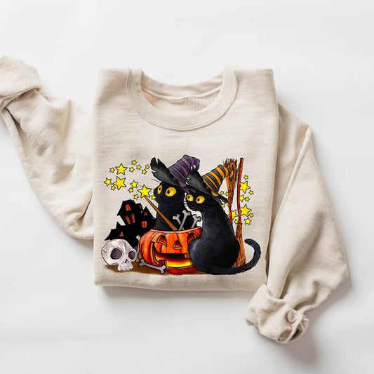 GILDAN Cat Halloween Sweatshirt, Unisex Heavy Cotton Tee, Ghost Cat Shirt, Halloween Sweater, Loose fit