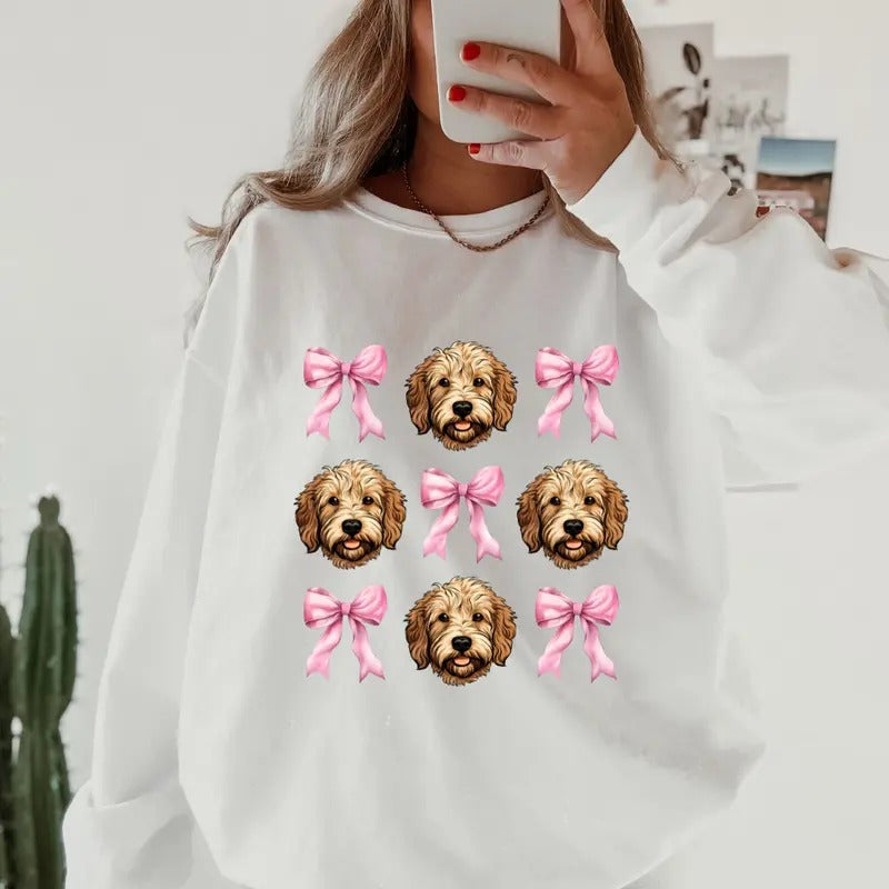GOLDENDOODLE with bows Sweatshirt ~ Sweatshirt Unisex Apparel Relaxed Fit Printed in the USA Clothing Womenswear Casual and Comfortable