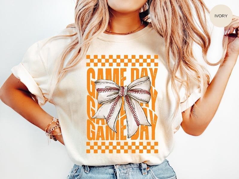 Game Day BASEBALL TShirt, Orange Coquette Bow, Mascot Tshirt, Baseball Fan, Gameday Tee, Baseball Mama Mom Gift, Girl T-Shirt