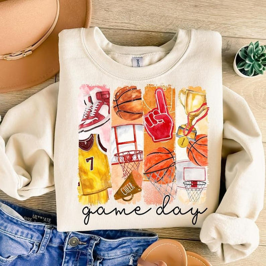 Game Day Basketball Coquette Bow , Basketball Mama , Basketball Mom , Brushstroke Basketball Sweatshirt Crewneck Classic