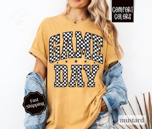 Game Day Checkered Shirt Comfort Colors, Retro Gameday Tshirt, Womens Football Tee, Womenswear Oversized Crewneck
