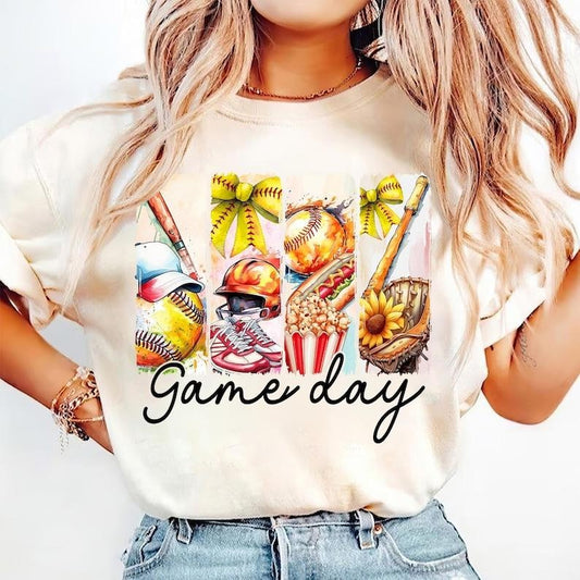 Game Day Softball Coquette Bow, Softball Mama, Softball Mom, Brushstroke Softball Tshirt Cotton