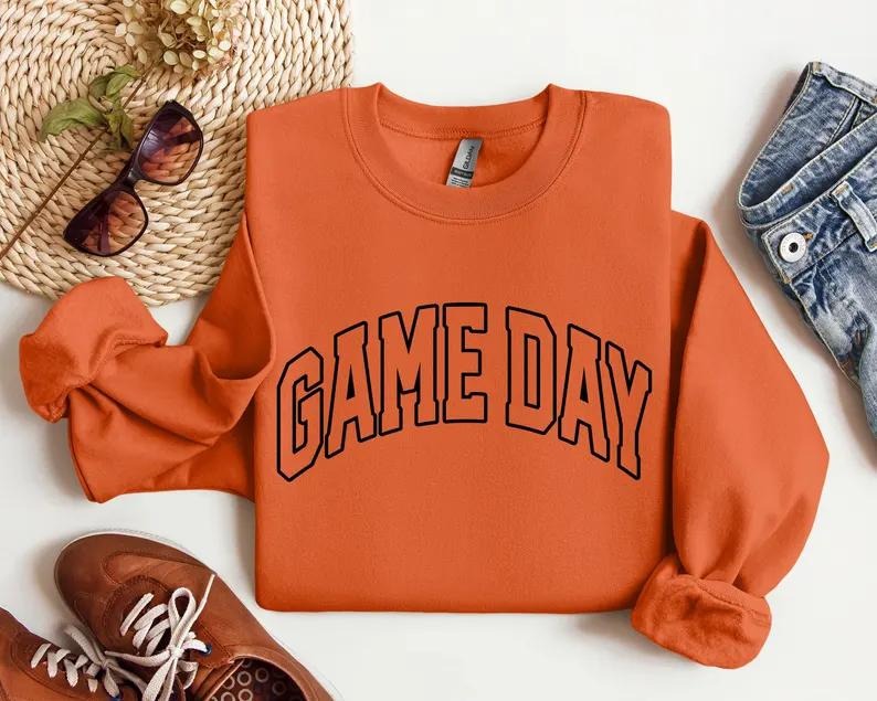 Game Day Sweatshirt for Women, Fall Vibes Sweatshirt, Women's Letter Print Sweatshirt, Casual Long Sleeve Round Neck Pullover for Spring