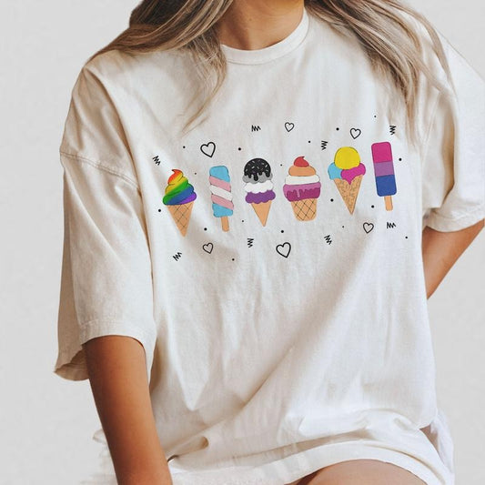 Gay Ice Cream Comfort Shirt, Rainbow Pride Tee, Pride Month LGBTQ TShirt, LGBTQ Gift, Progress Pride Shirt, Gay Pride TShirt, Pride Month Gift, Vintage Lesbian Tshirt, Comfort Shirt LGBT Support Tee, LGBT Flag Shirt, Oversized Graphic Tee, Women Top