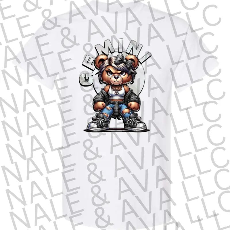 Gemini Girl Zodiac Bear Graphic T Shirt for Women