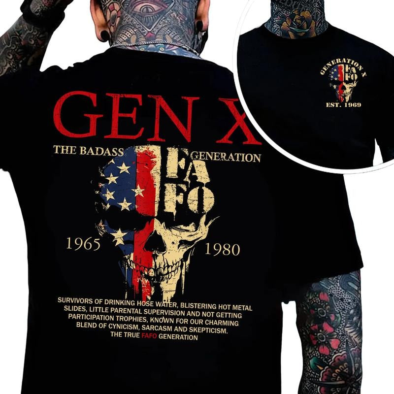 Gen X Skull FAFO Shirt, Gen X Personality Customize Year Badass Generation T-shirt 100% Cotton Unisex Comfort Womenwear Graphic Crew Neck Long Sleeve Autumn Casual Christmas Pull On Collar Embroidered Skull Design