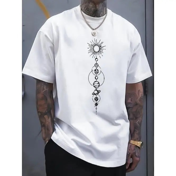 Geometric Pattern Mens Short Sleeve Crew Neck Tee - Soft Slight Stretch Polyester Fabric, Versatile and Comfortable, Perfect for Casual Summer Wear - Regular Fit, Knit Fabric, No Sheer Made in USA